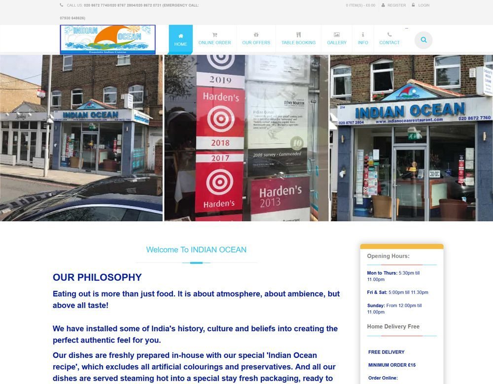 Indian Ocean Restaurant website